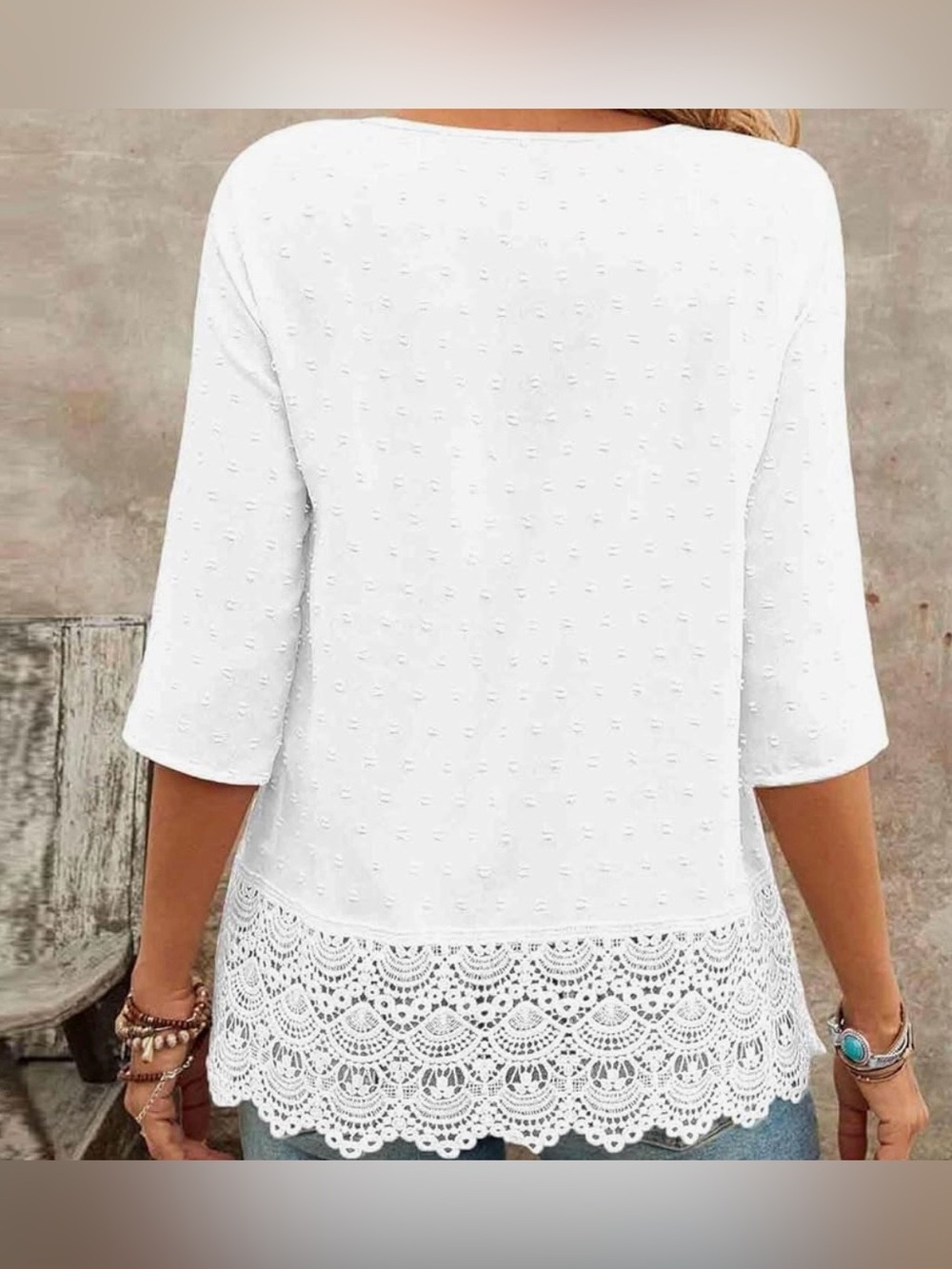White V-Neck Pintuck Tunic with Lace Hem - Picture 2 of 7